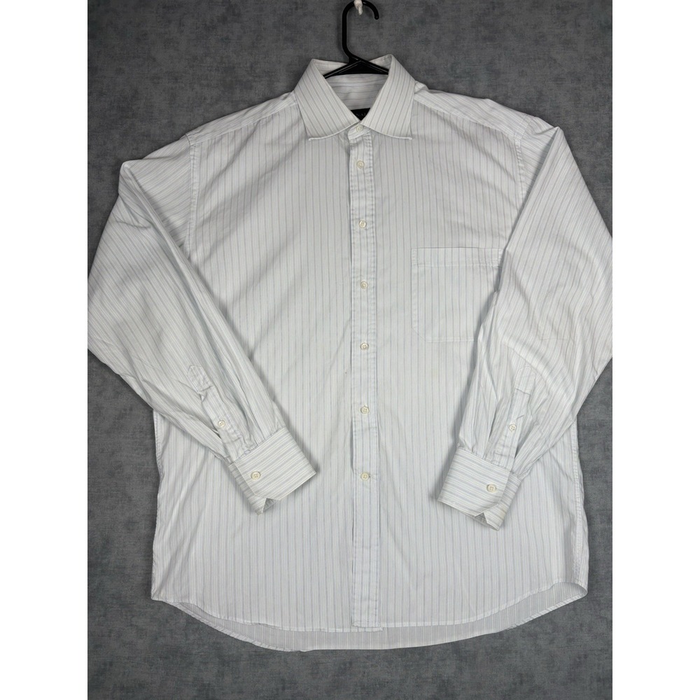 Canali Mens Dress Shirt 17 43 XL Made Italy Cotton Blue Striped Long Sleeve